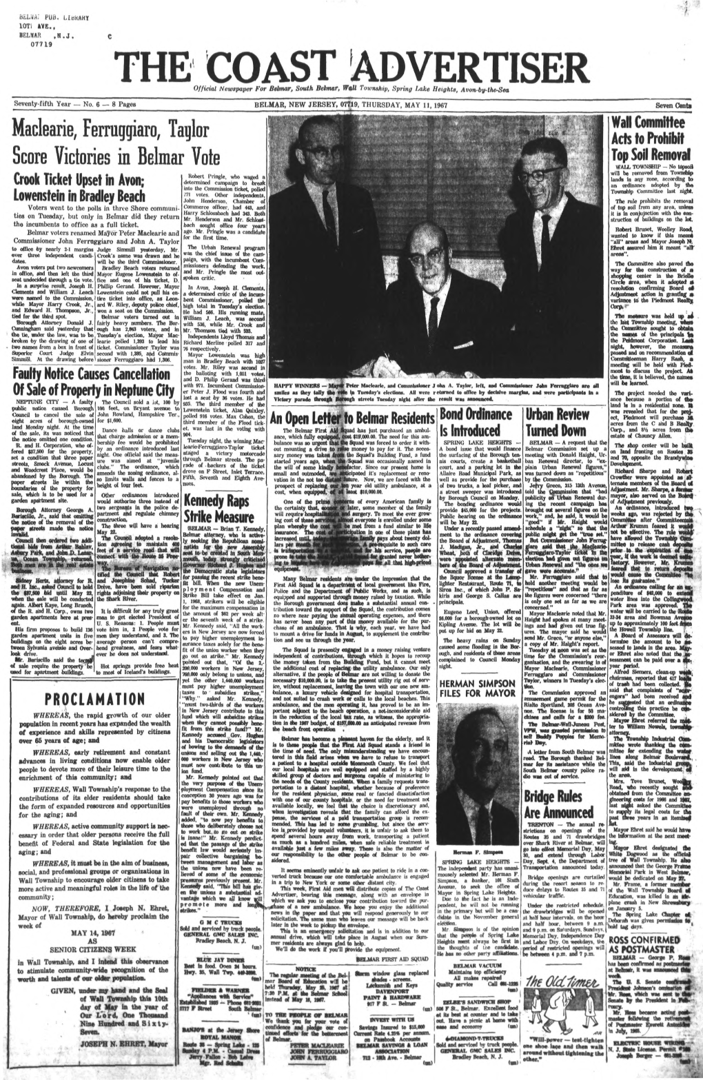 THE COAST ADVERTISER Official Newspaper for Belmar, South Behnar, Will Township, Spring Lake Heights, Avonby-Thesea Seventy-Fifth Year — No