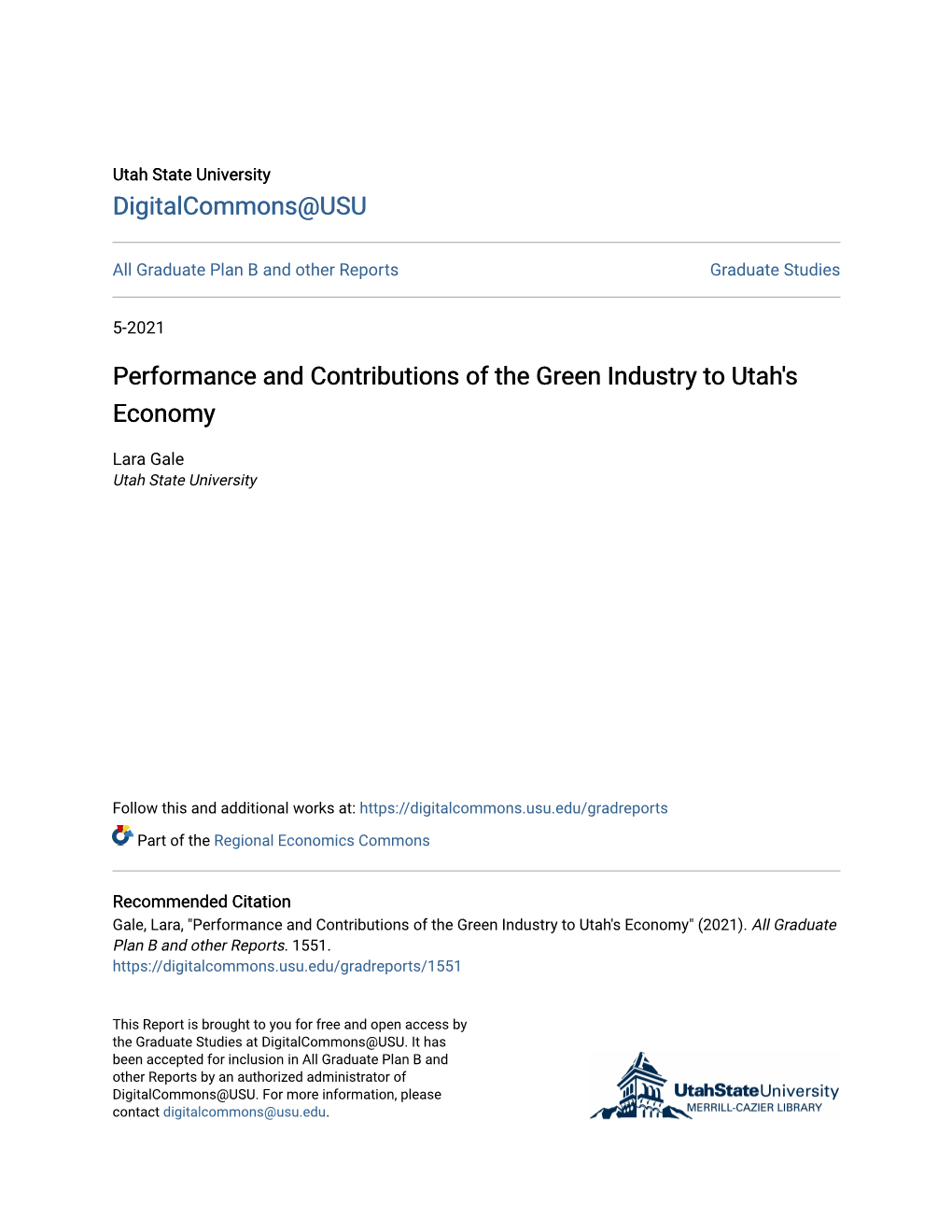 Performance and Contributions of the Green Industry to Utah's Economy