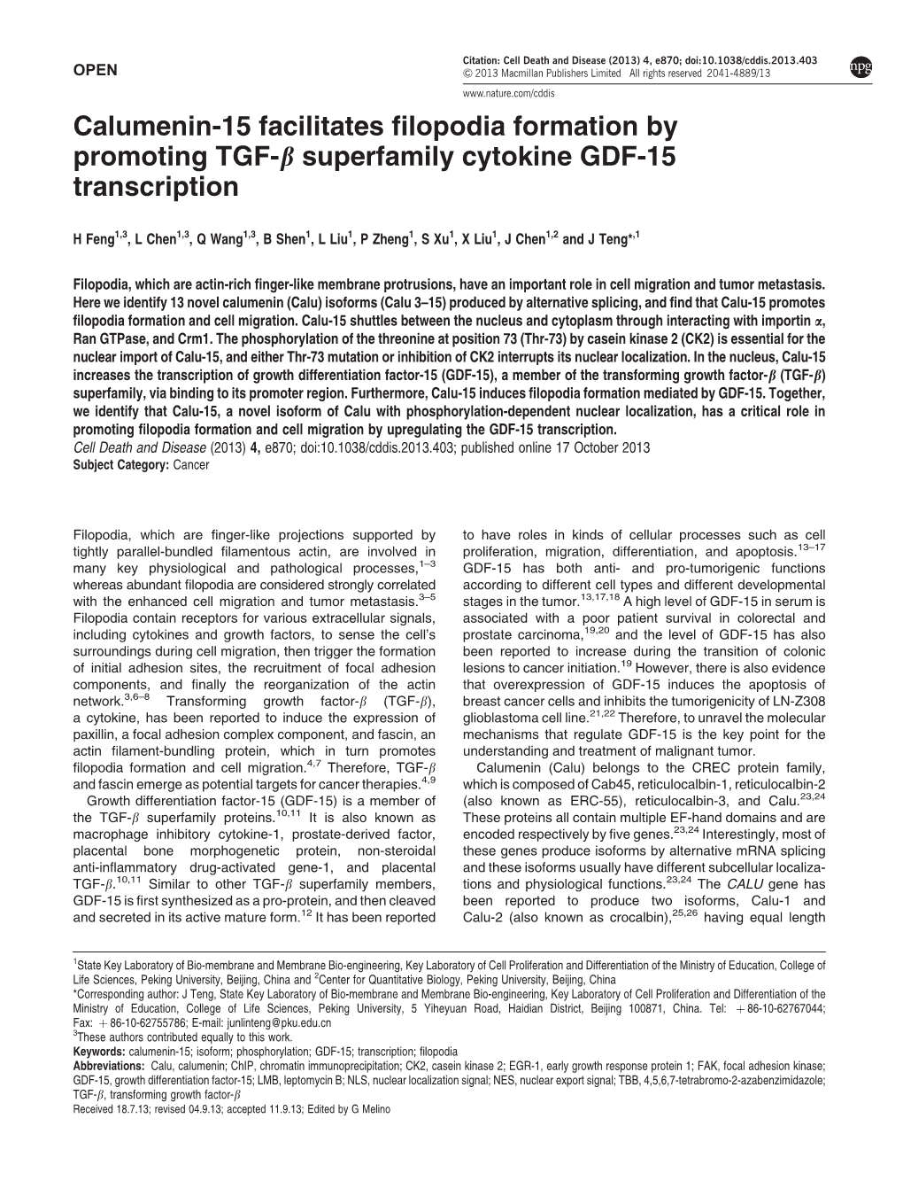 Calumenin-15 Facilitates Filopodia Formation by Promoting TGF-&Beta; Superfamily Cytokine GDF-15 Transcription