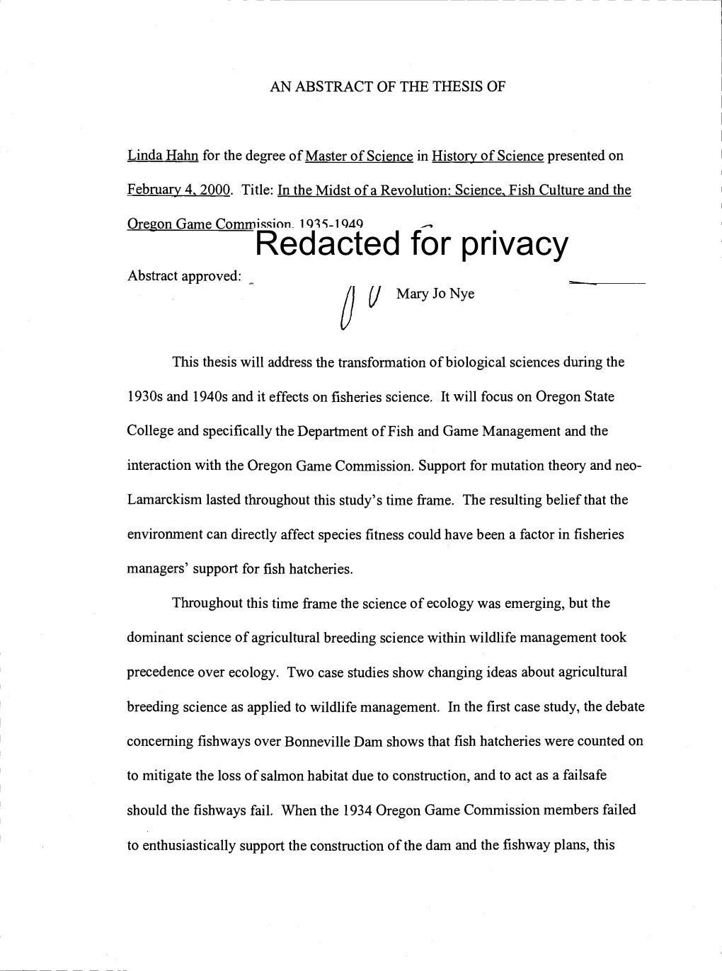 Redacted for Privacy Abstract Approved: Mary Jo Nye