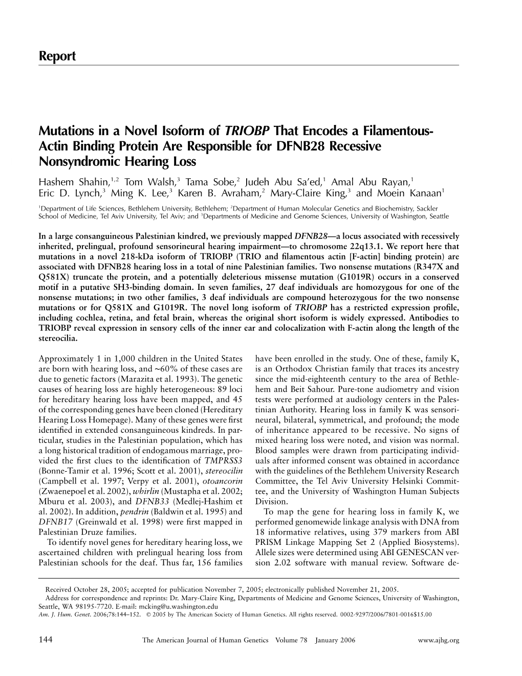 Report Mutations in a Novel Isoform of TRIOBP That Encodes A