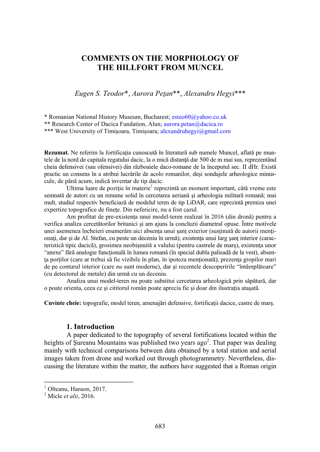 Comments on the Morphology of the Hillfort from Muncel