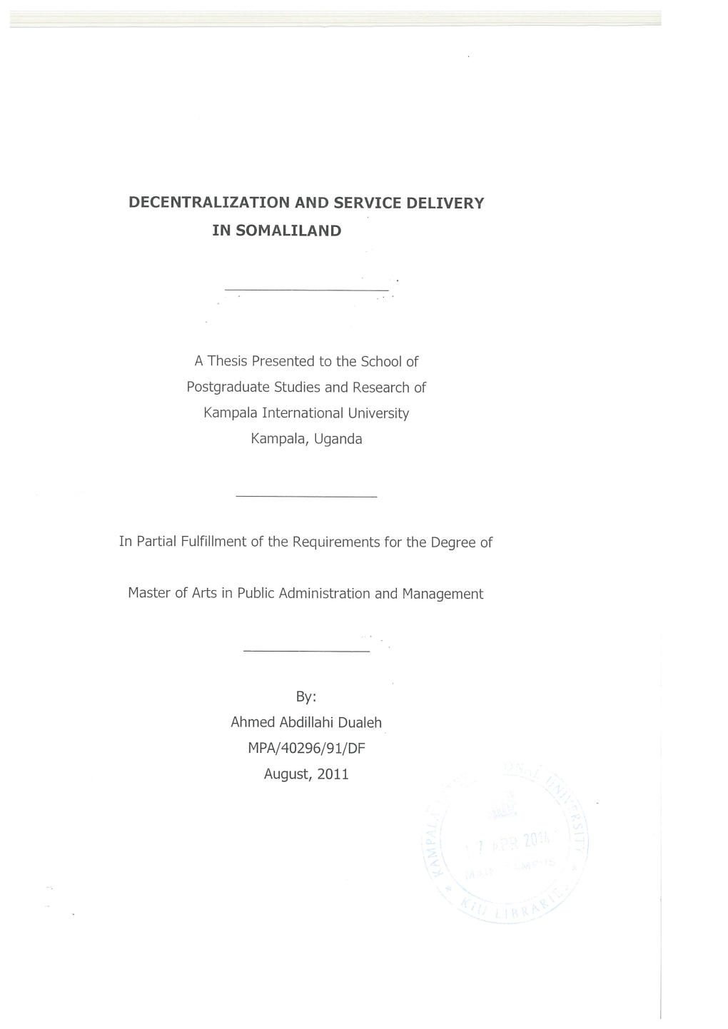 Decentralization and Service Delivery in Somaliland A