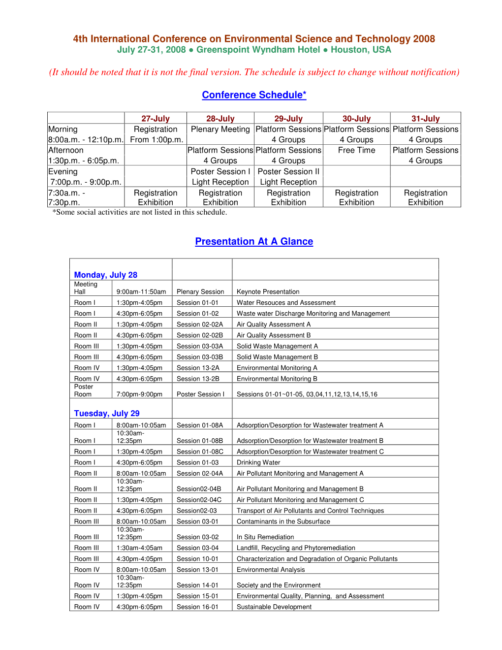 Preliminary Presentation Schedule