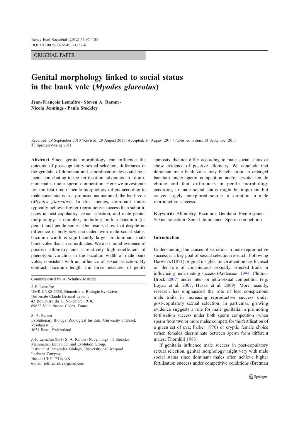 Genital Morphology Linked to Social Status in the Bank Vole (Myodes Glareolus)