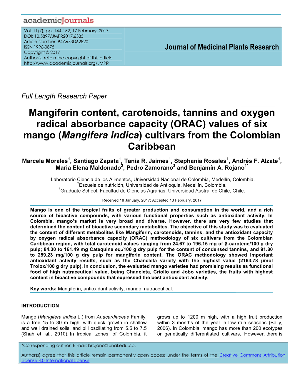 Mangifera Indica) Cultivars from the Colombian Caribbean