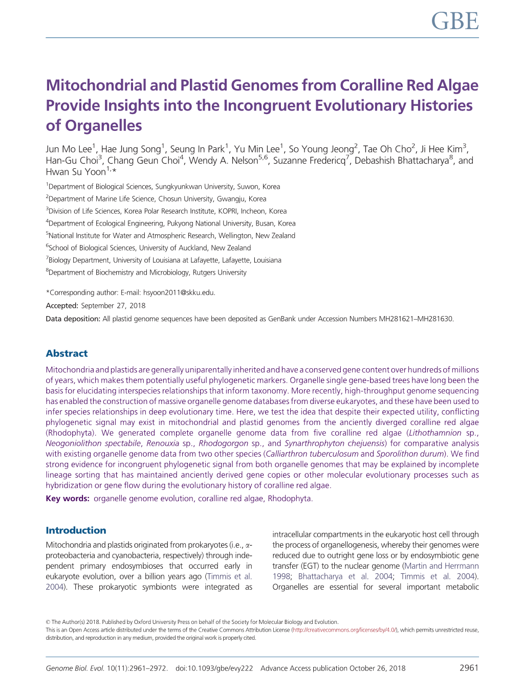 Mitochondrial and Plastid Genomes from Coralline Red Algae Provide Insights Into the Incongruent Evolutionary Histories of Organelles