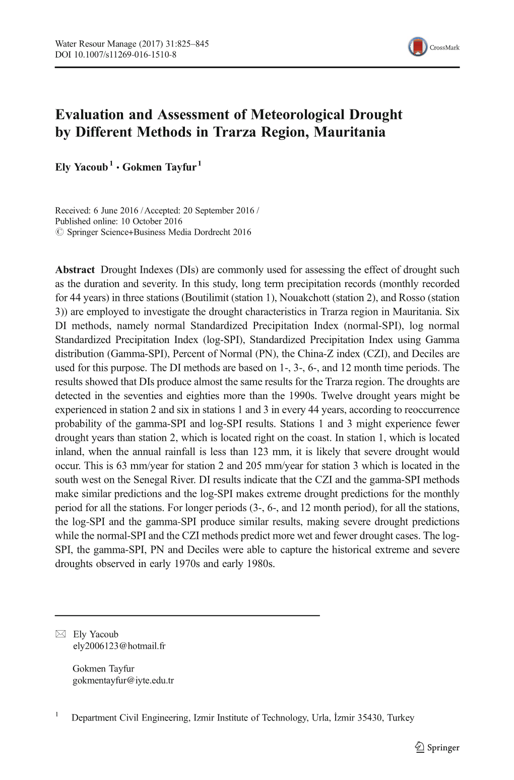 Evaluation and Assessment of Meteorological Drought by Different Methods in Trarza Region, Mauritania