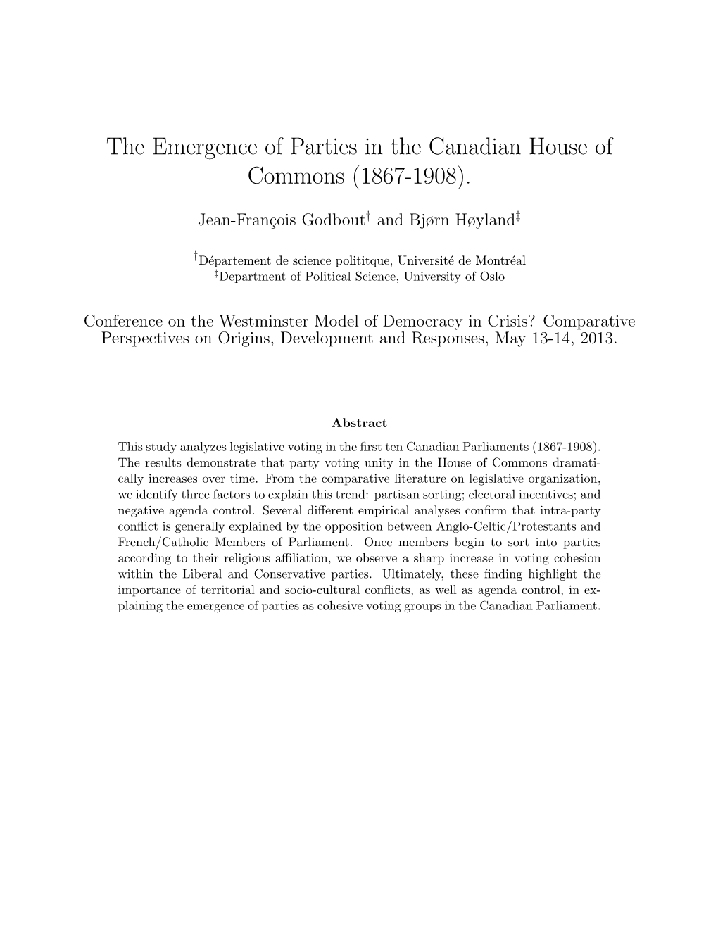 The Emergence of Parties in the Canadian House of Commons (1867-1908)