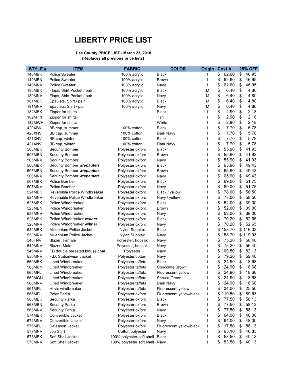 Liberty Price List