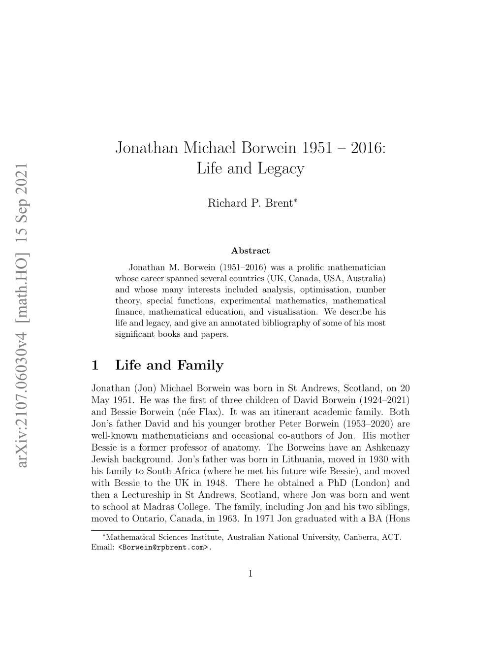 Arxiv:2107.06030V2 [Math.HO] 18 Jul 2021 Jonathan Michael Borwein