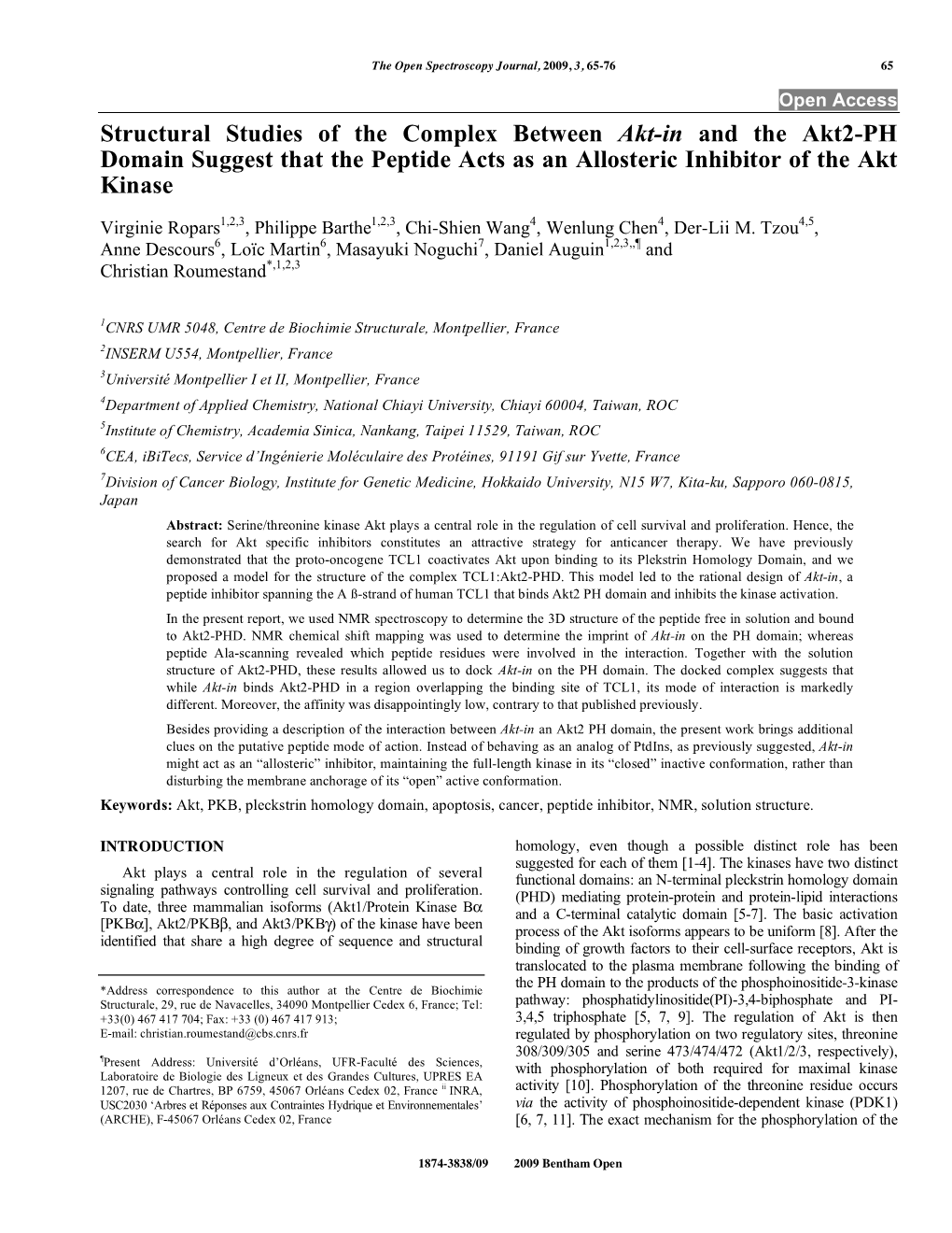 Structural Studies of the Complex Between Akt-In and the Akt2-PH Domain Suggest That the Peptide Acts As an Allosteric Inhibitor of the Akt Kinase