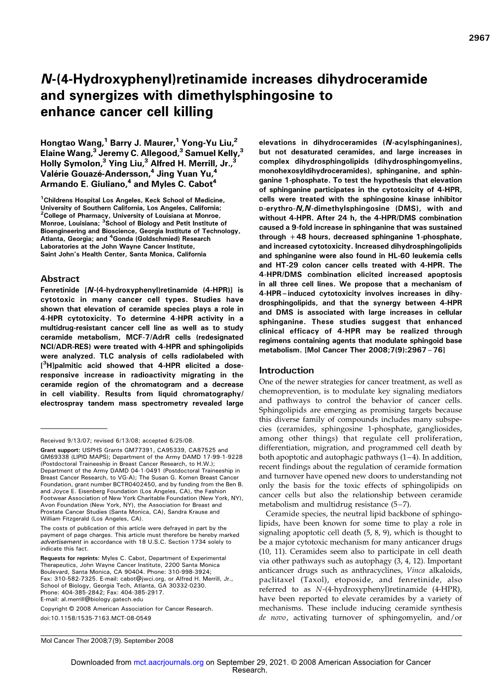 Retinamide Increases Dihydroceramide and Synergizes with Dimethylsphingosine to Enhance Cancer Cell Killing