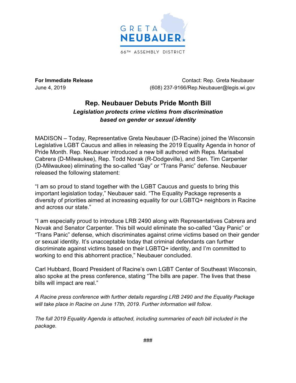 Rep. Neubauer Debuts Pride Month Bill Legislation Protects Crime Victims from Discrimination Based on Gender Or Sexual Identity