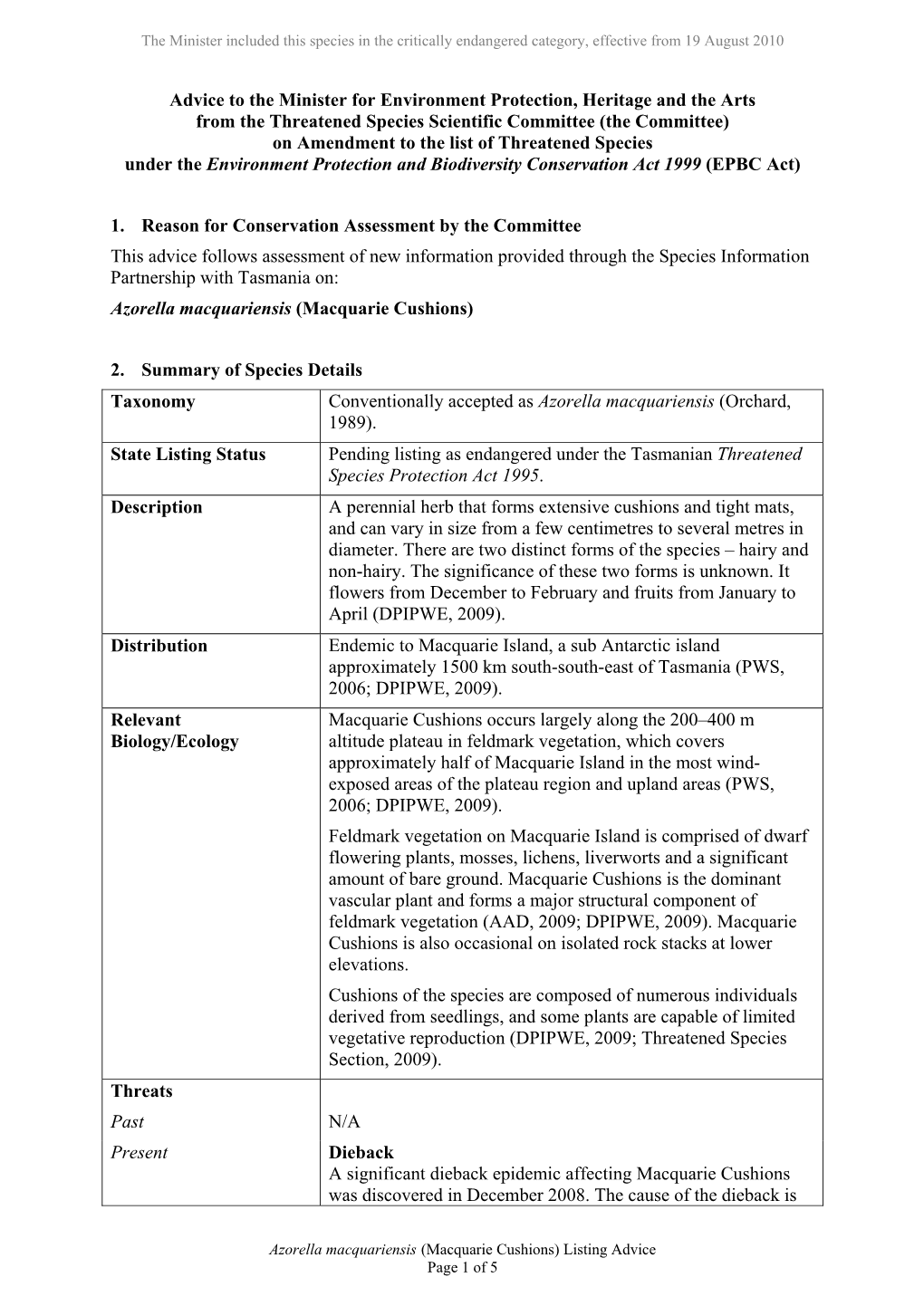 Listing Advice for Azorella Macquariensis