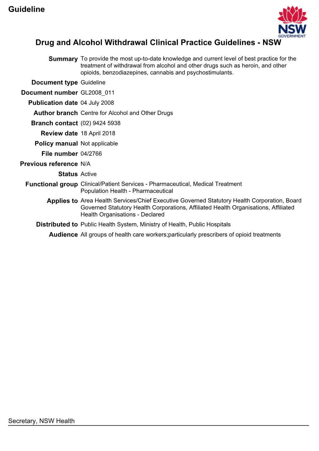 Drug and Alcohol Withdrawal Clinical Practice Guidelines - NSW