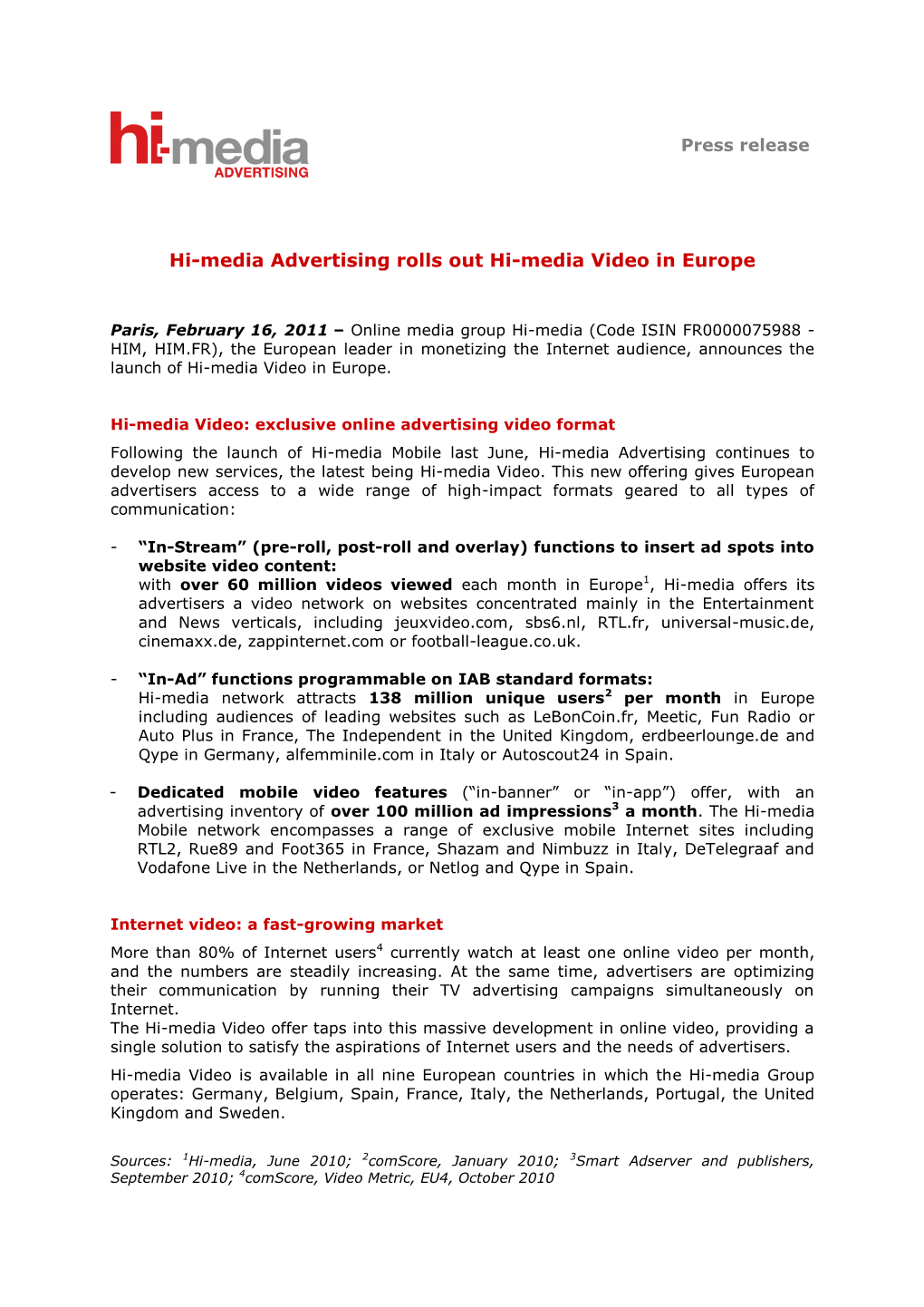 Hi-Media Advertising Rolls out Hi-Media Video in Europe