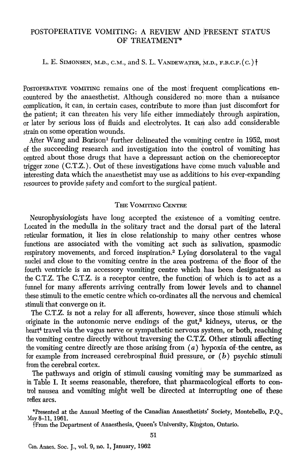 Postoperative Vomiting: a Review and Present Status of Treatment