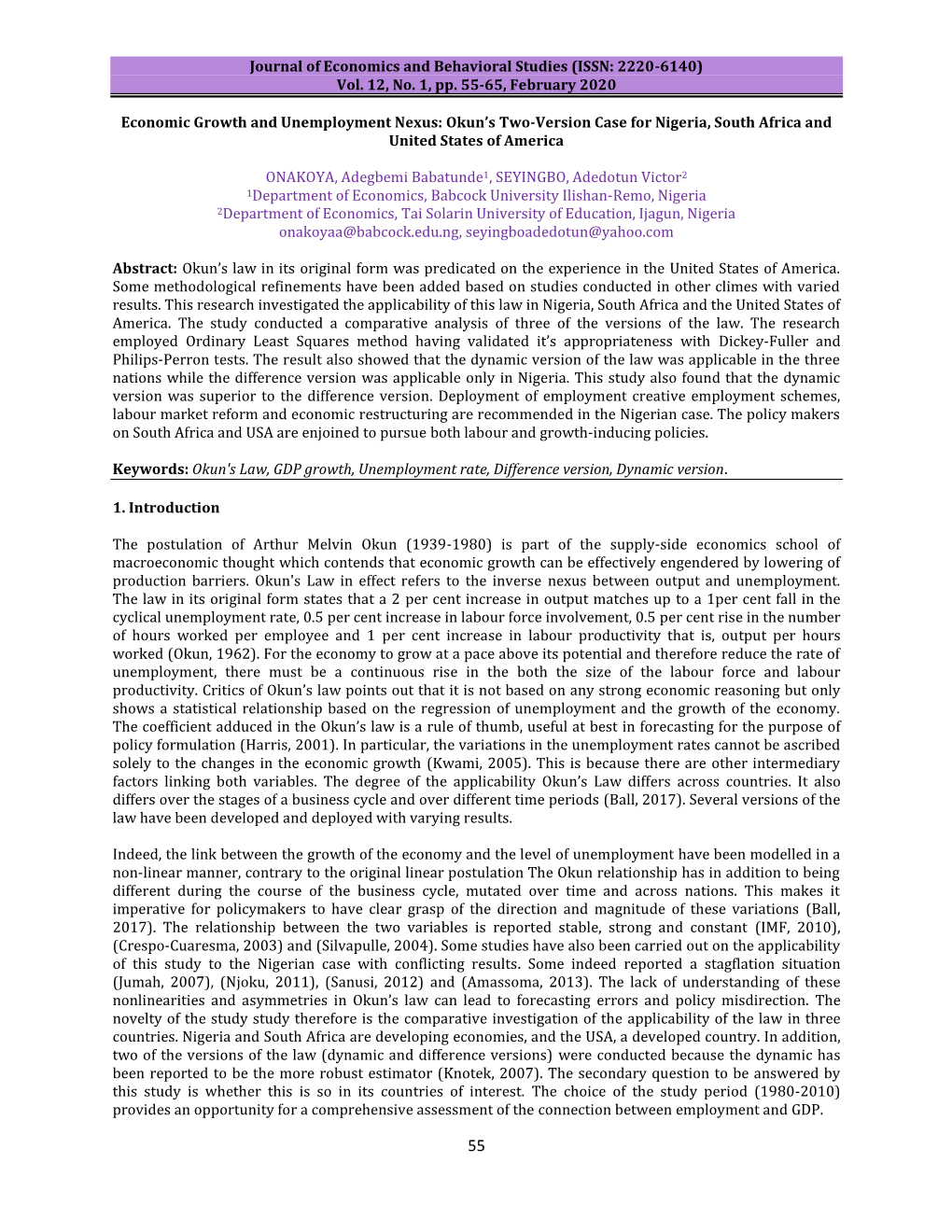 Journal of Economics and Behavioral Studies (ISSN: 2220-6140) Vol. 12, No. 1, Pp. 55-65, February 2020 Economic Growth and Unemp