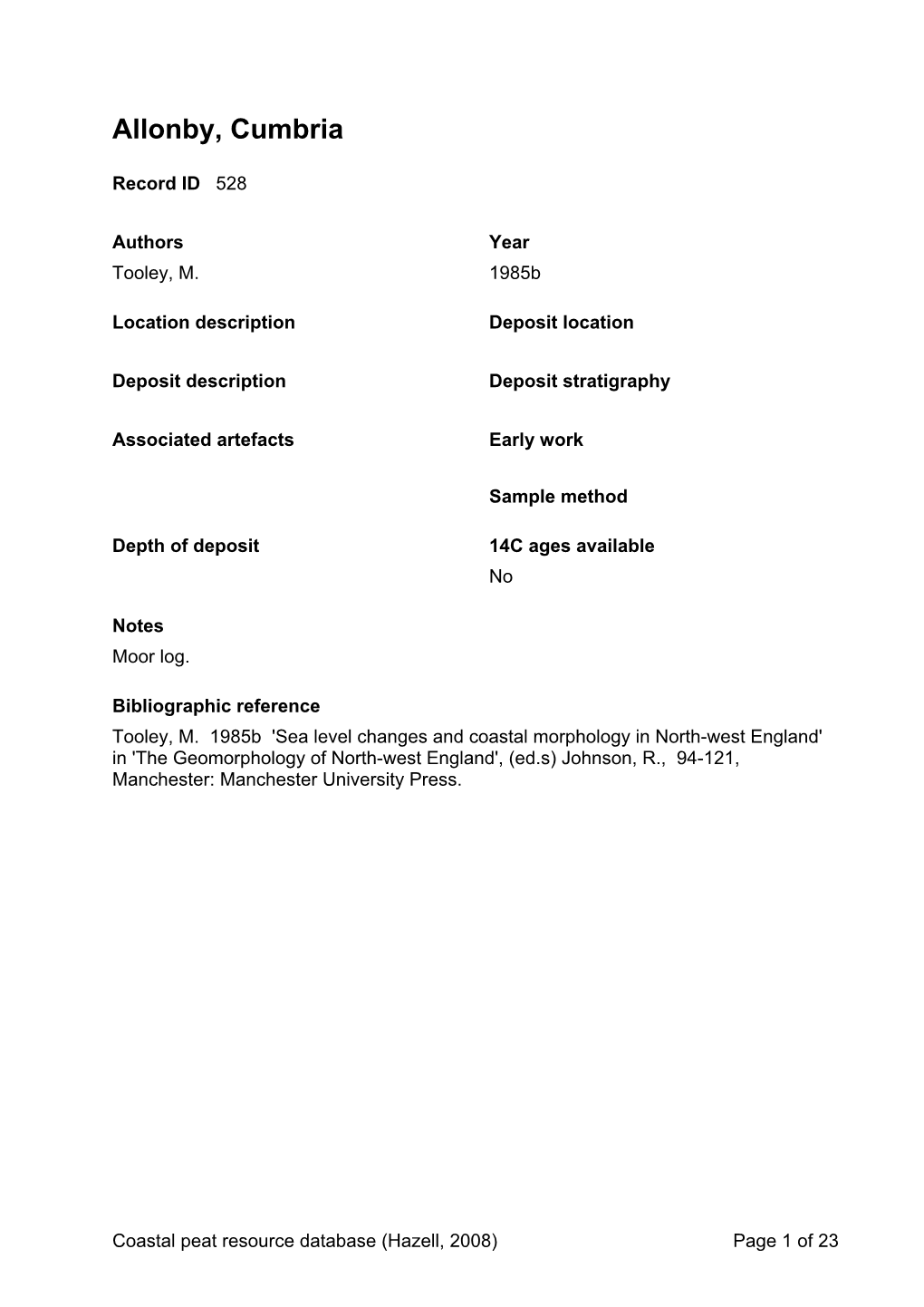 Peat Database Results Cumbria