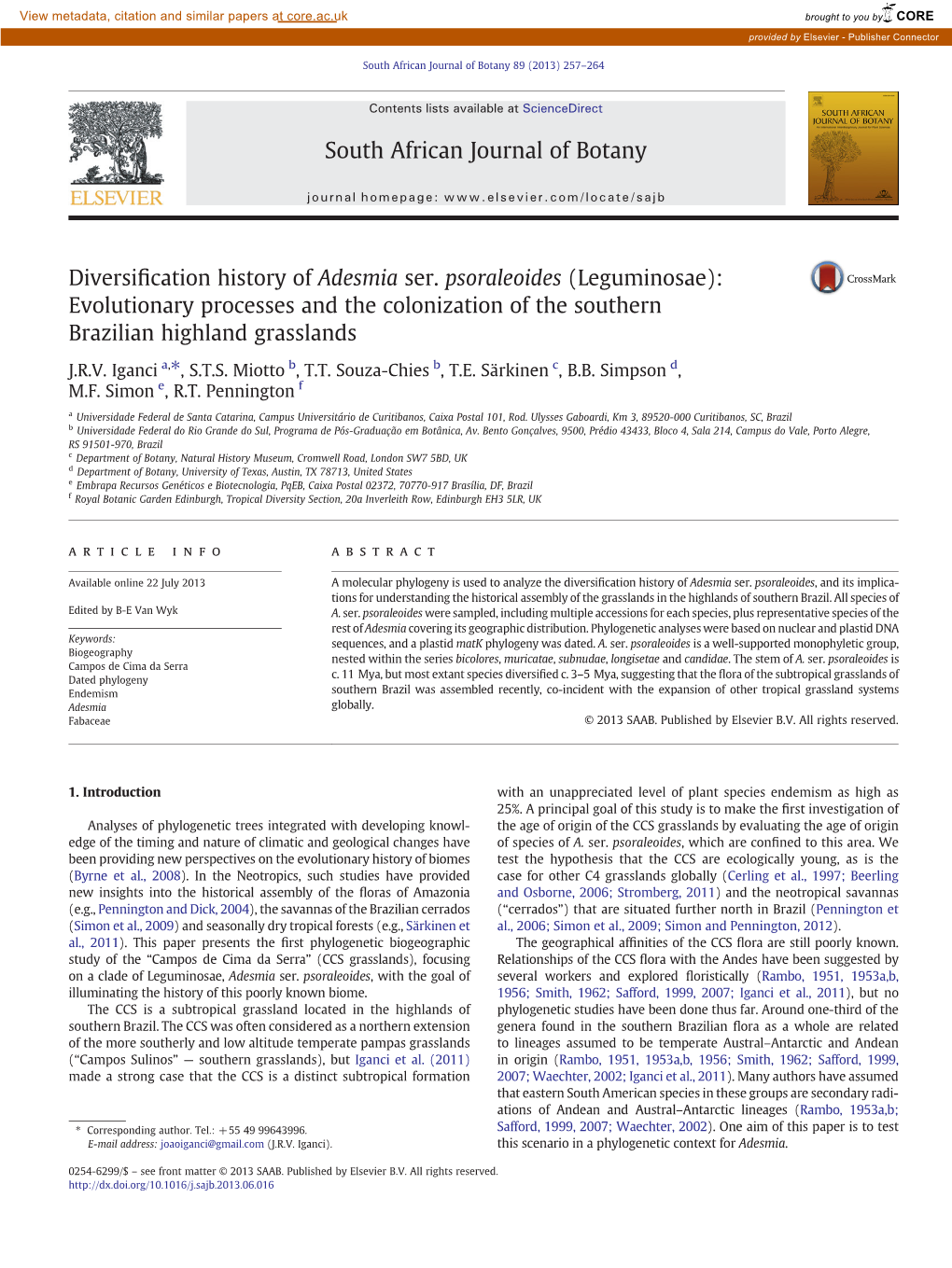 Diversification History of Adesmia Ser. Psoraleoides