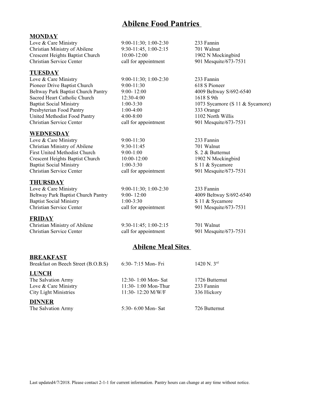 Food Pantry Schedule