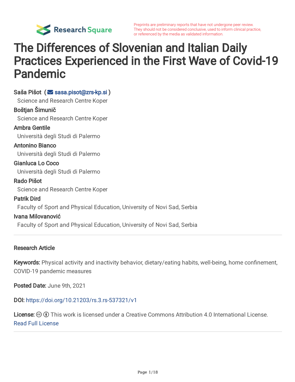 The Differences of Slovenian and Italian Daily Practices Experienced in the First Wave of Covid-19 Pandemic