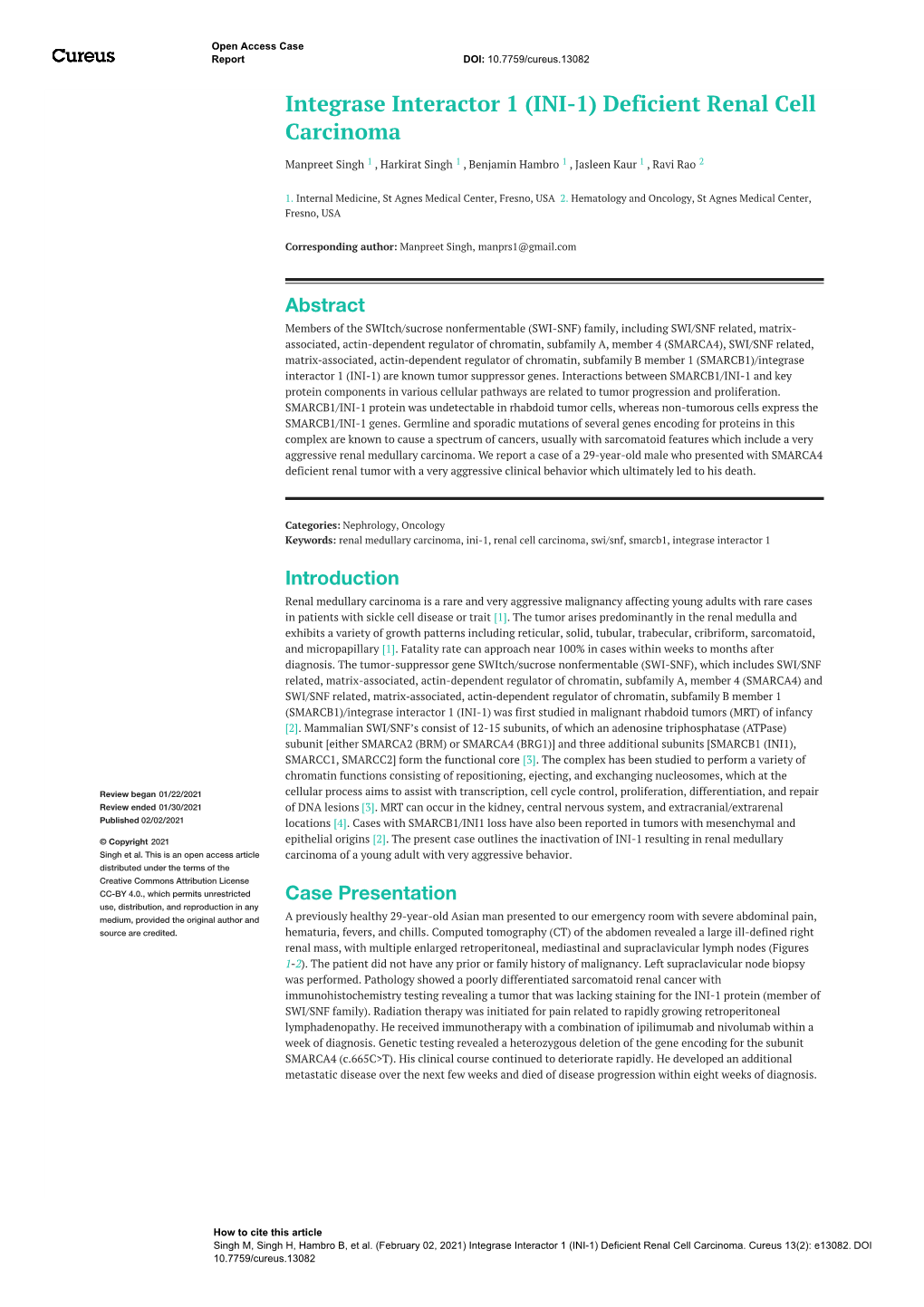 Integrase Interactor 1 (INI-1) Deficient Renal Cell Carcinoma