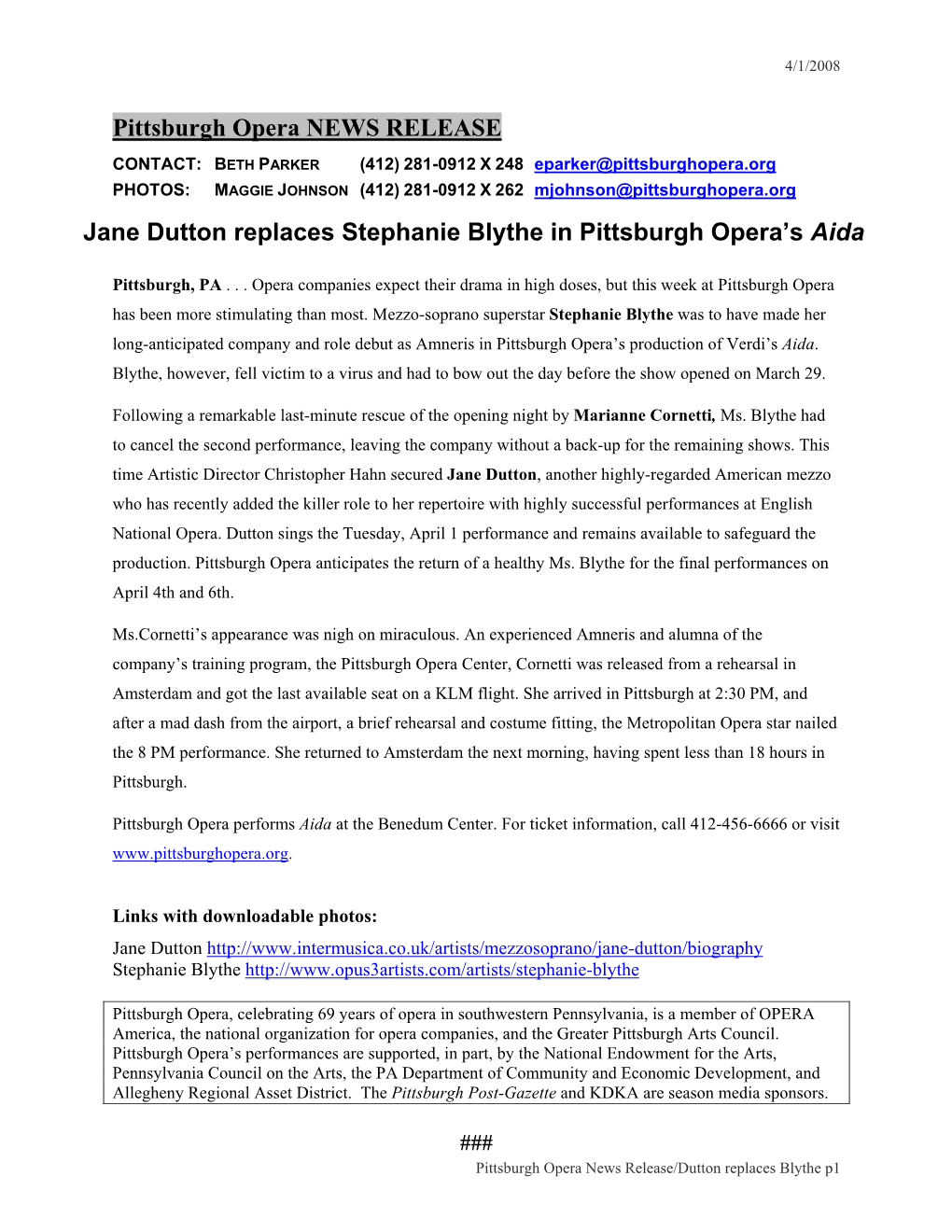 Pittsburgh Opera NEWS RELEASE