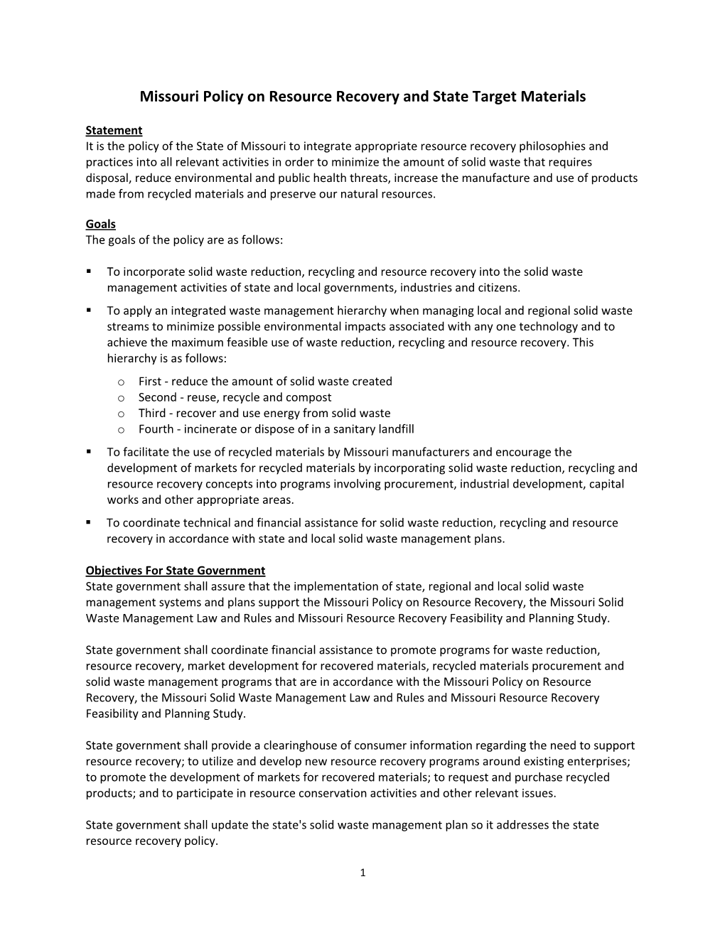 Missouri Policy on Resource Recovery and State Target Materials