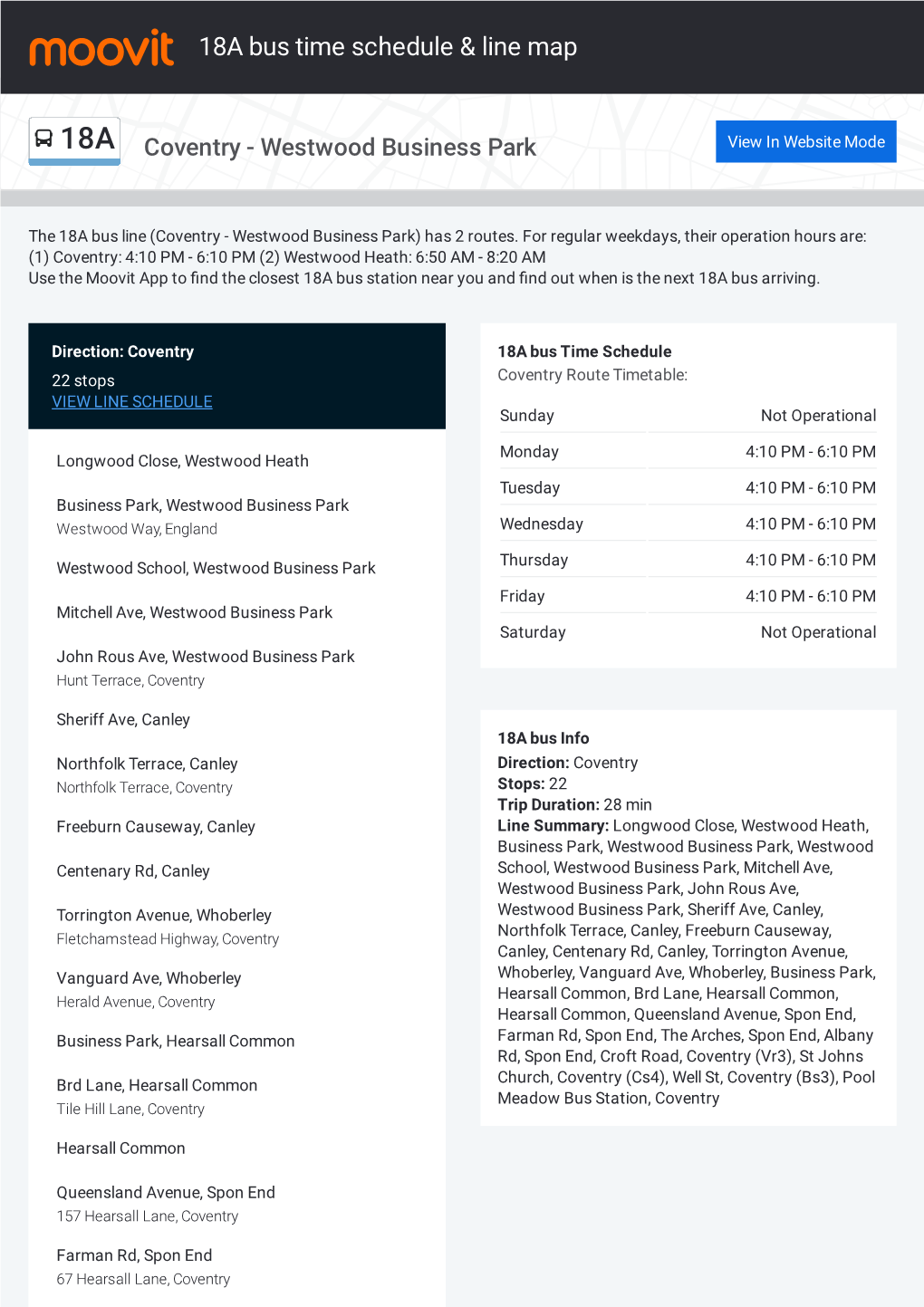 18A Bus Time Schedule & Line Route