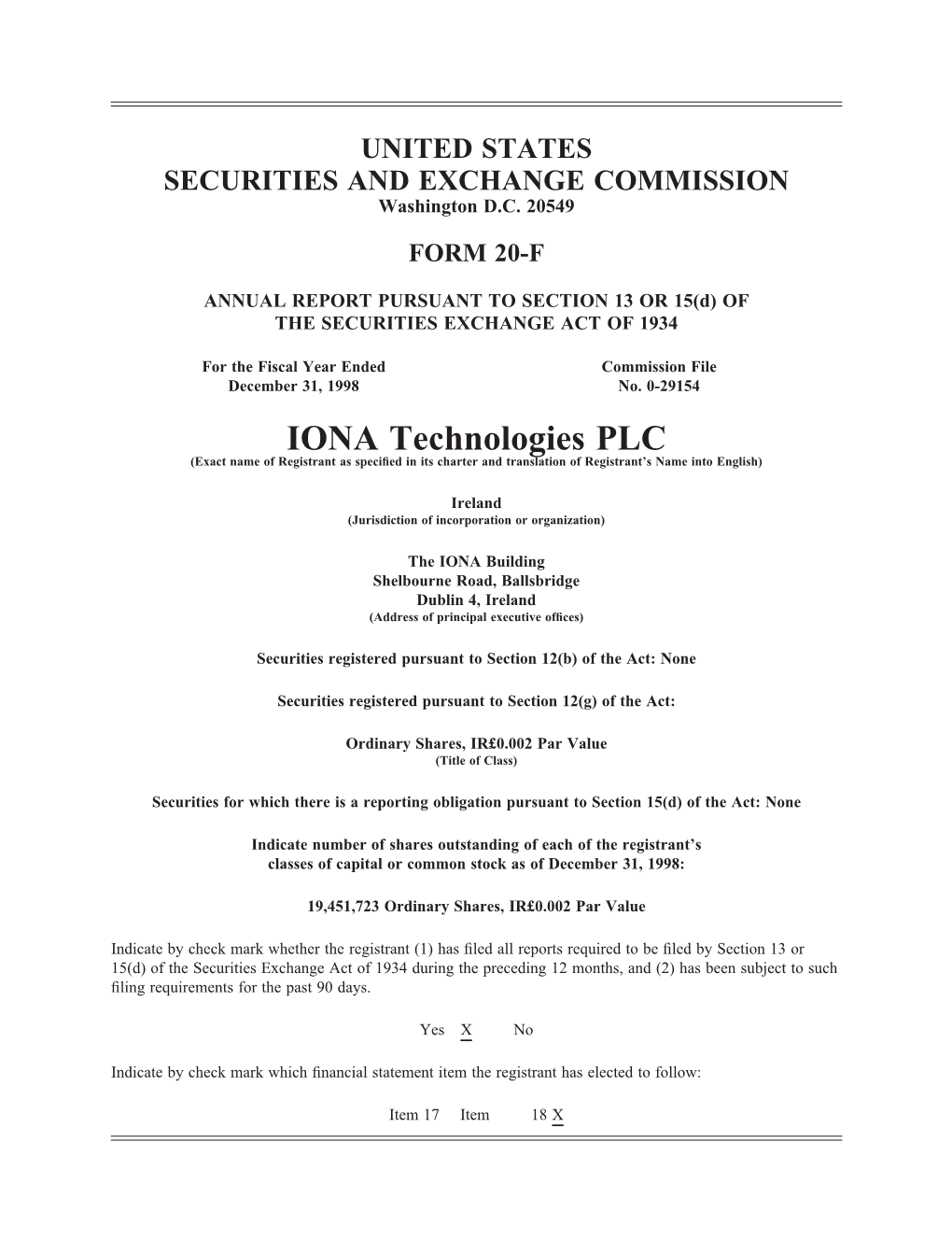 IONA Technologies PLC (Exact Name of Registrant As Speci®Ed in Its Charter and Translation of Registrant's Name Into English)