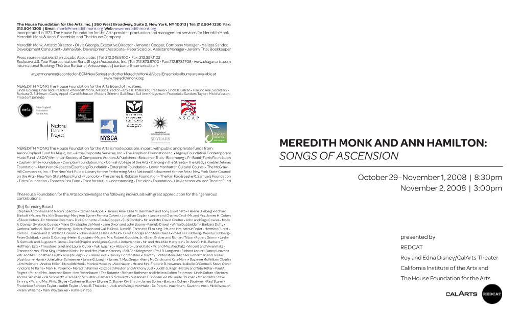 MEREDITH MONK and ANN HAMILTON: Aaron Copland Fund for Music, Inc