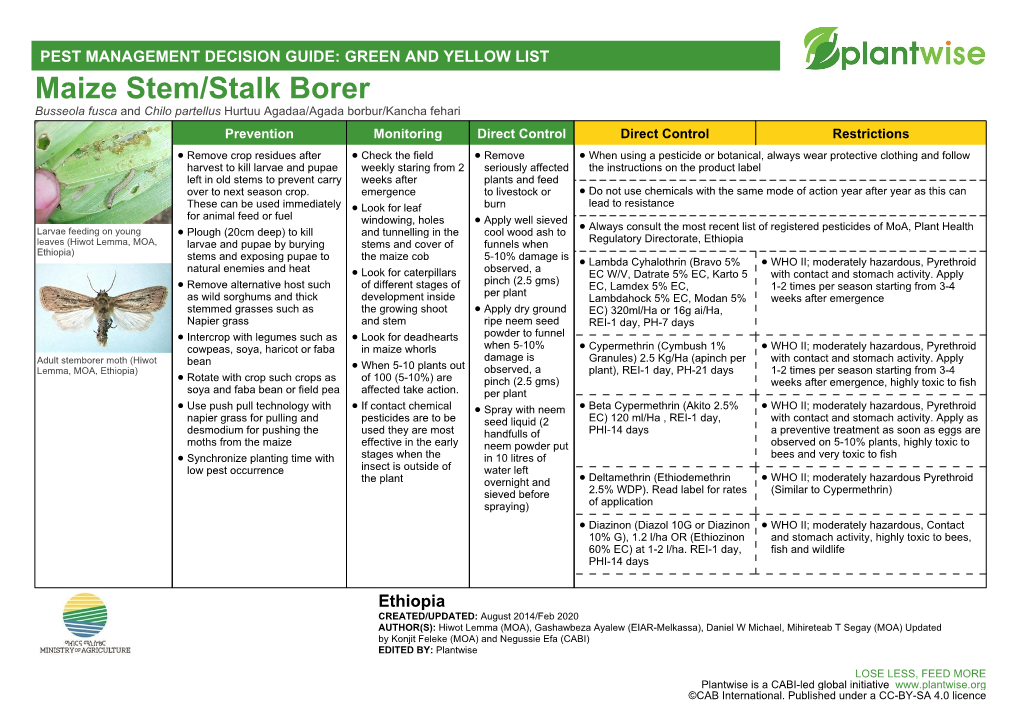 Maize Stem/Stalk Borer Busseola Fusca and Chilo Partellus Hurtuu Agadaa/Agada Borbur/Kancha Fehari Prevention Monitoring Direct Control Direct Control Restrictions