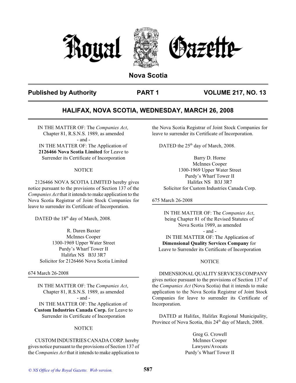 NS Royal Gazette Part I