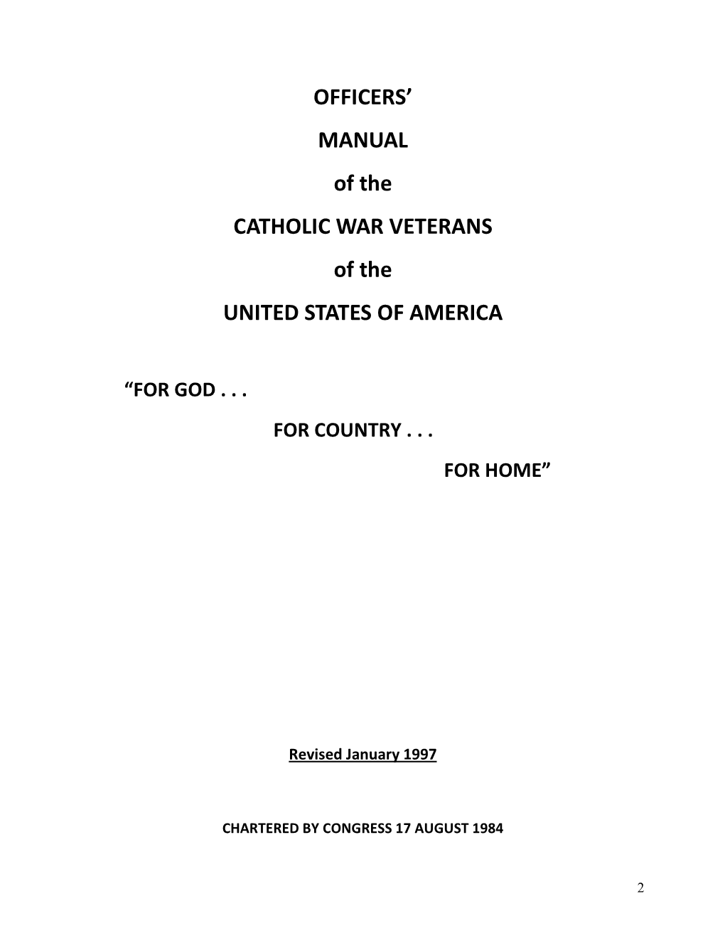 OFFICERS' MANUAL of the CATHOLIC WAR VETERANS of The