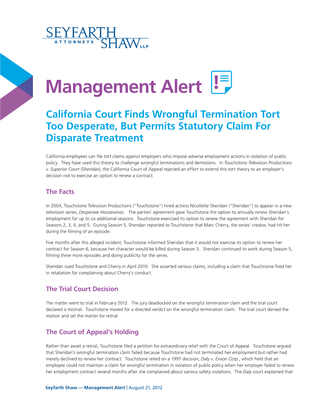 California Court Finds Wrongful Termination Tort Too Desperate, but Permits Statutory Claim for Disparate Treatment