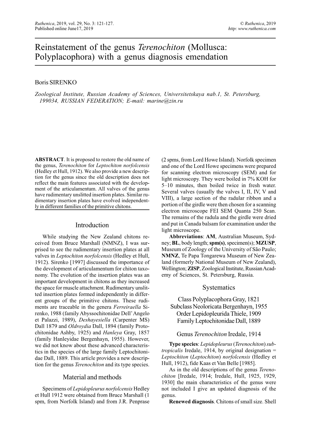 Terenochiton (Mollusca: Polyplacophora) with a Genus Diagnosis Emendation