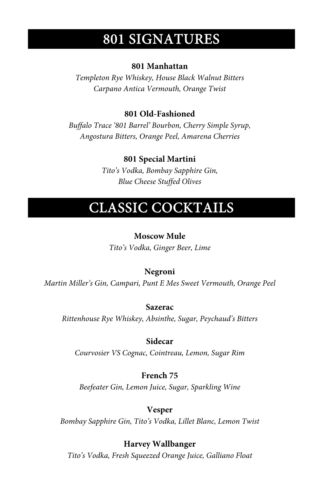 801 Signatures Classic Cocktails