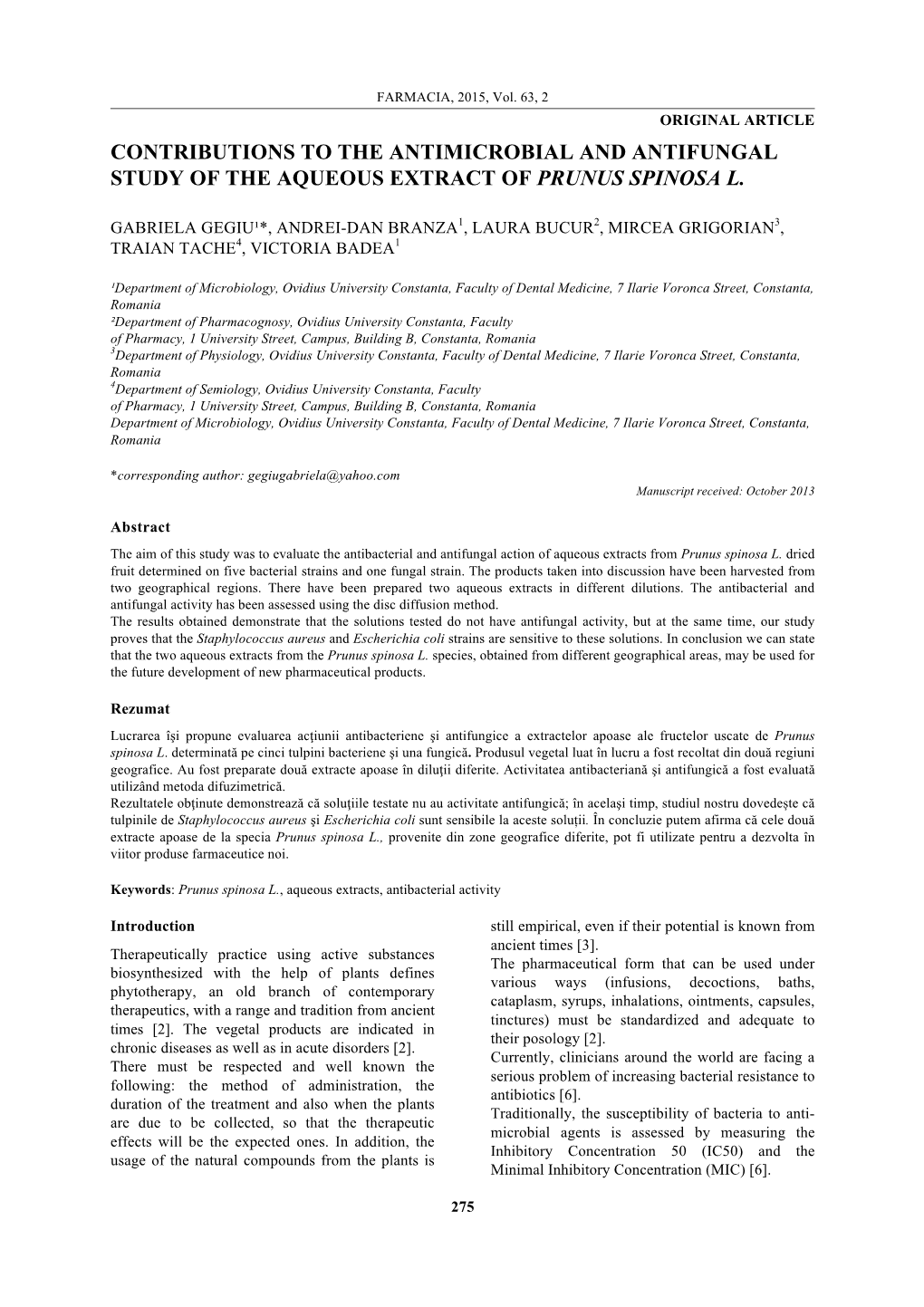 Contributions to the Antimicrobial and Antifungal Study of the Aqueous Extract of Prunus Spinosa L