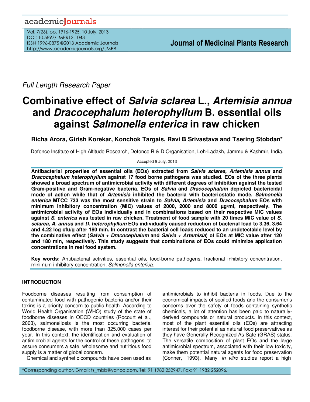 Combinative Effect of Salvia Sclarea L., Artemisia Annua and Dracocephalum Heterophyllum B