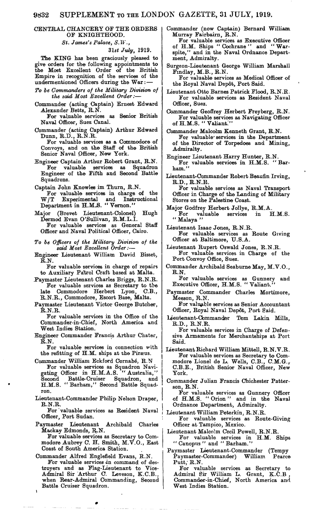 9832 Supplement to the London Gazette, 31 July, 1919