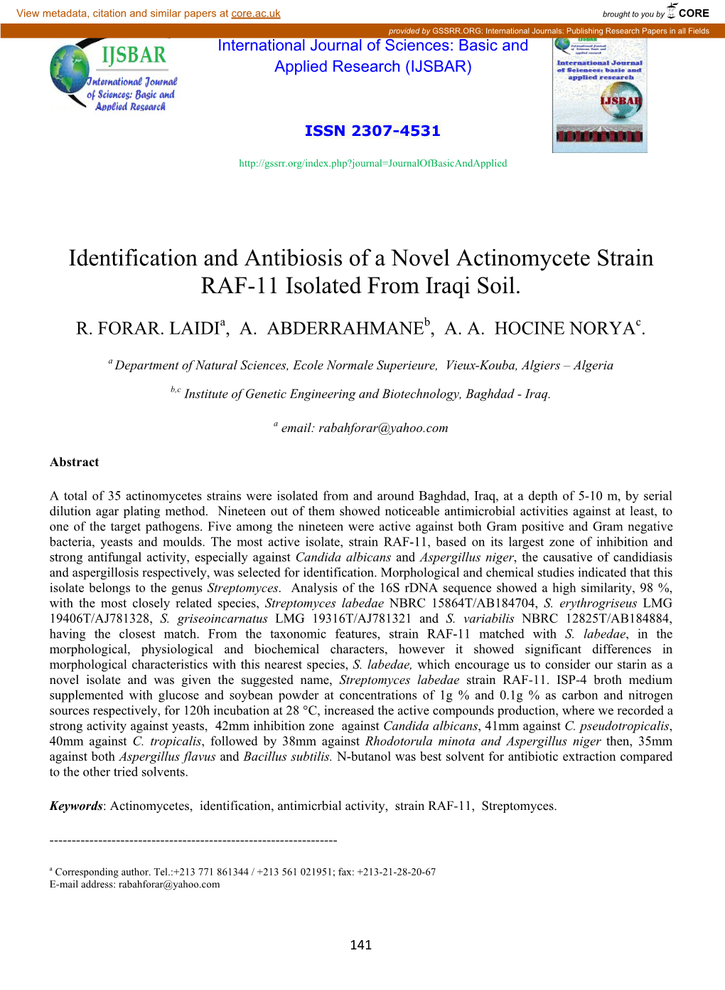 Identification and Antibiosis of a Novel Actinomycete Strain RAF-11 Isolated from Iraqi Soil