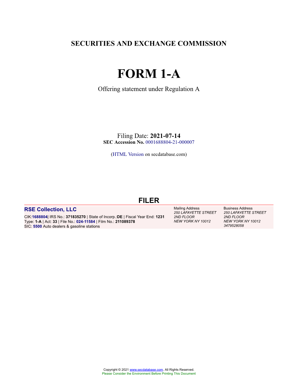 RSE Collection, LLC Form 1-A Filed 2021-07-14