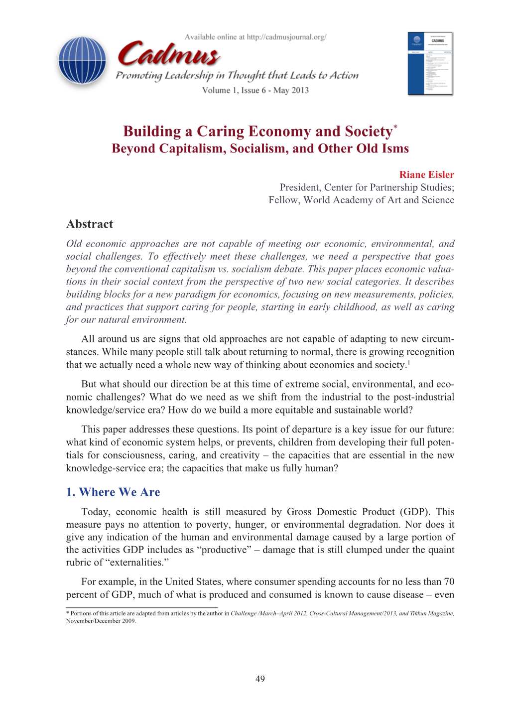 Building a Caring Economy and Society* Beyond Capitalism, Socialism, and Other Old Isms