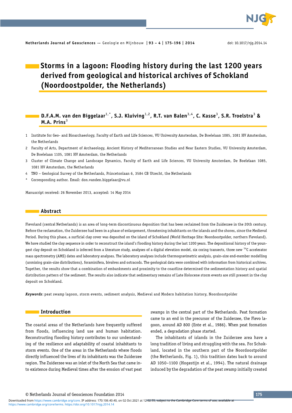 Storms in a Lagoon: Flooding History During the Last 1200 Years Derived from Geological and Historical Archives of Schokland (Noordoostpolder, the Netherlands)