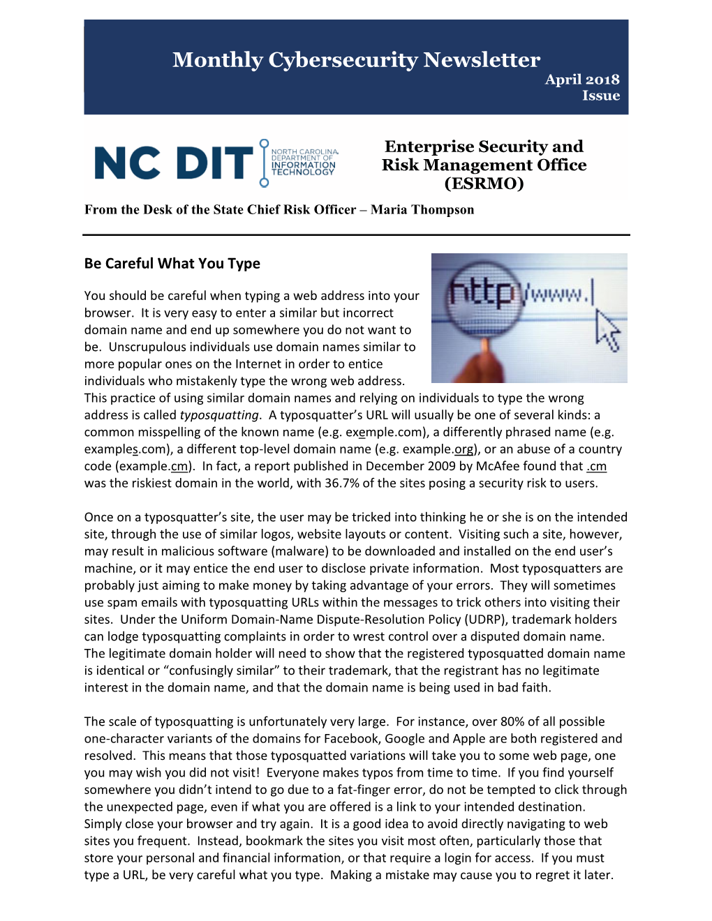 Monthly Cybersecurity Newsletter April 2018 Issue