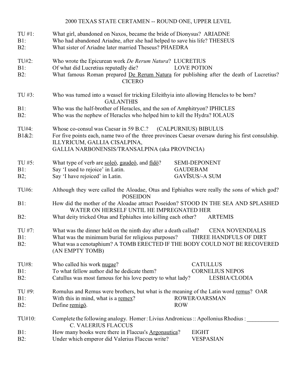 2000 Texas State Certamen -- Round One, Upper Level Tu