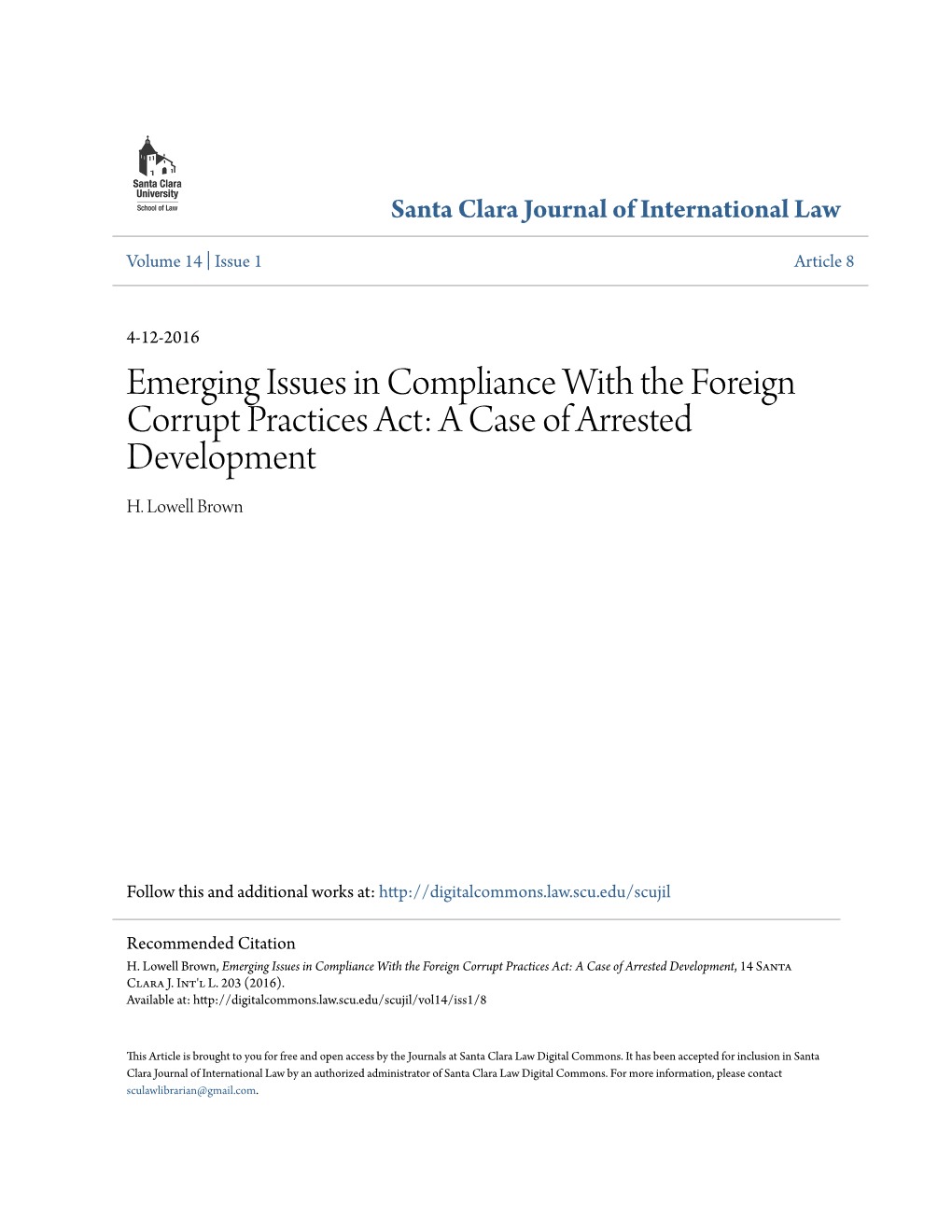 Emerging Issues in Compliance with the Foreign Corrupt Practices Act: a Case of Arrested Development H