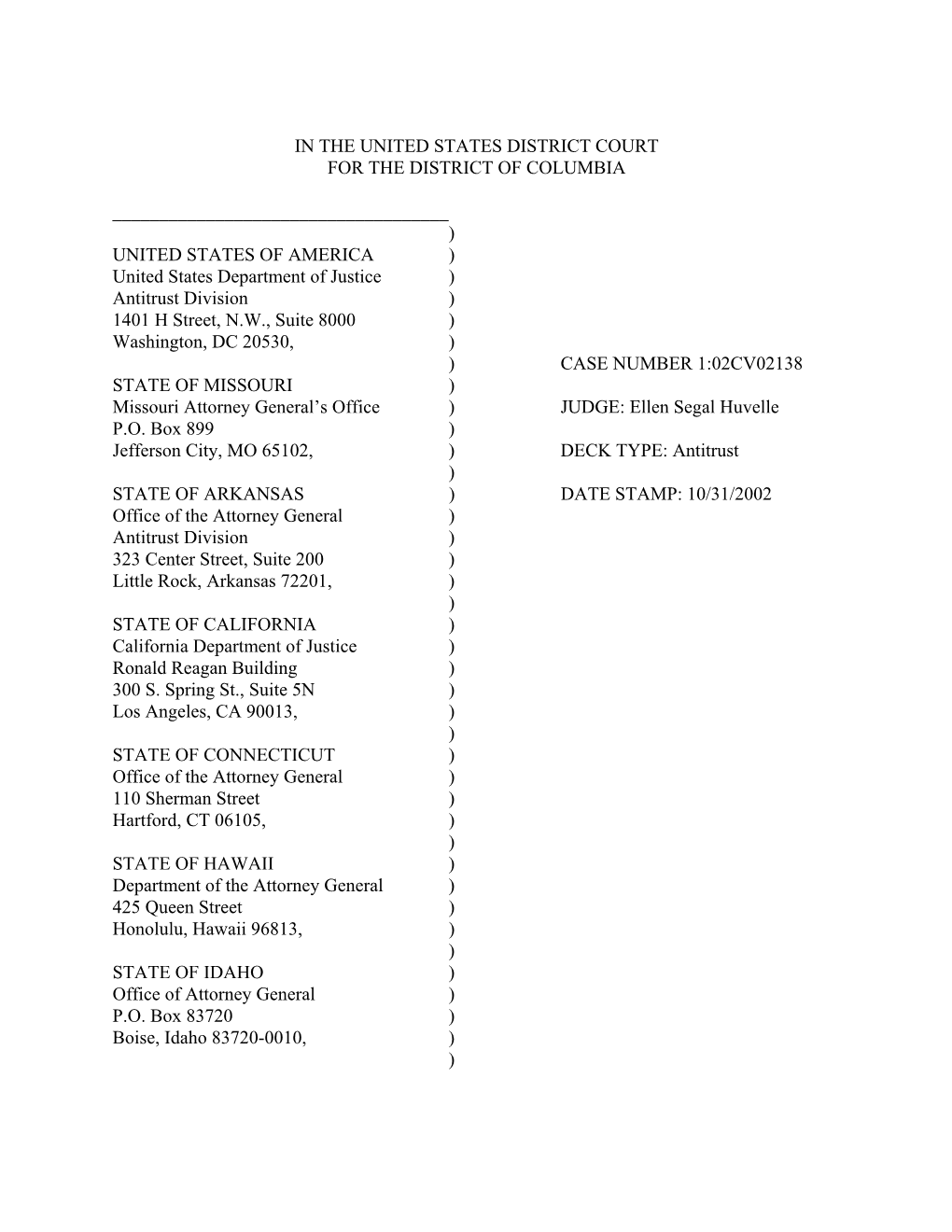 Complaint : U.S. Et Al., V. Echostar Communications Corp. Et Al